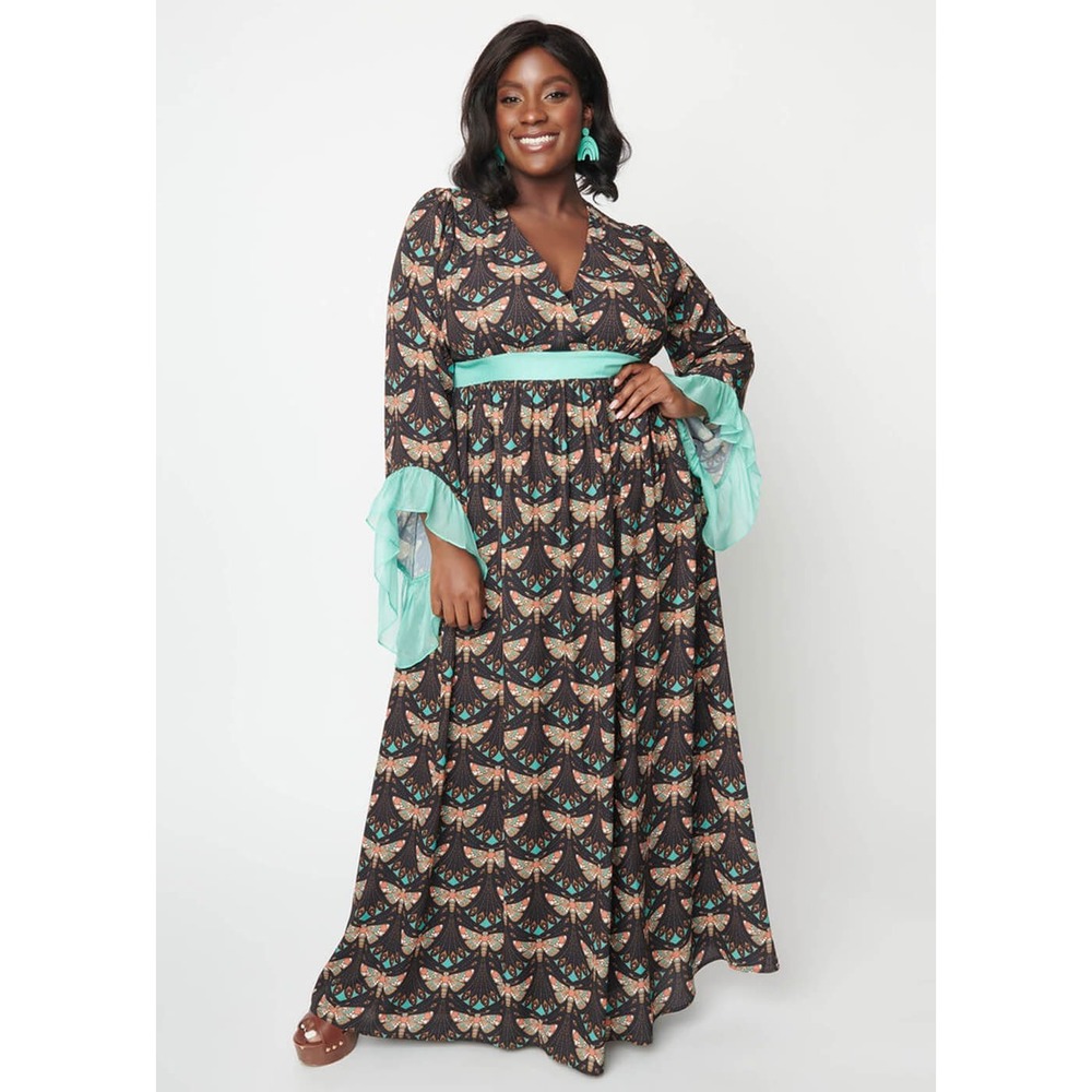 Unique Vintage Black Mint Moth Print Maxi Dress 70s Inspired Witchy Retro Whimsy